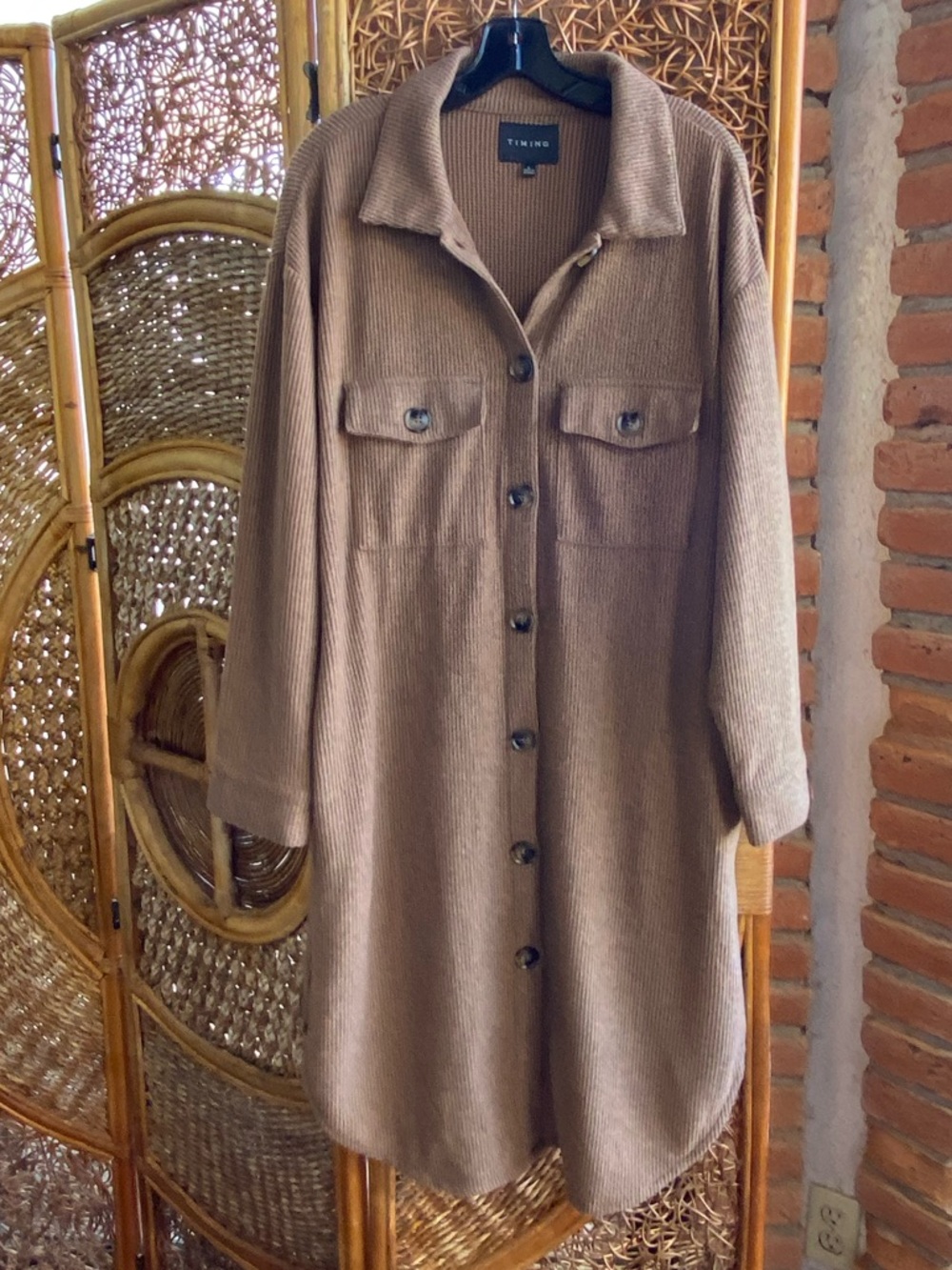 Timing Bohemian Ribbed Mid Length Sweater Cover Up, Kimono in Camel Side Pockets